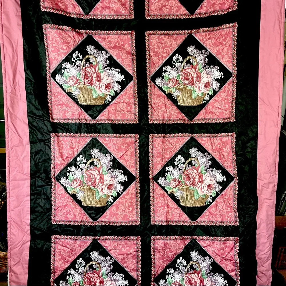 Vintage Handmade Quillow Quilted Pillow Blanket Travel Roses Pink & Black